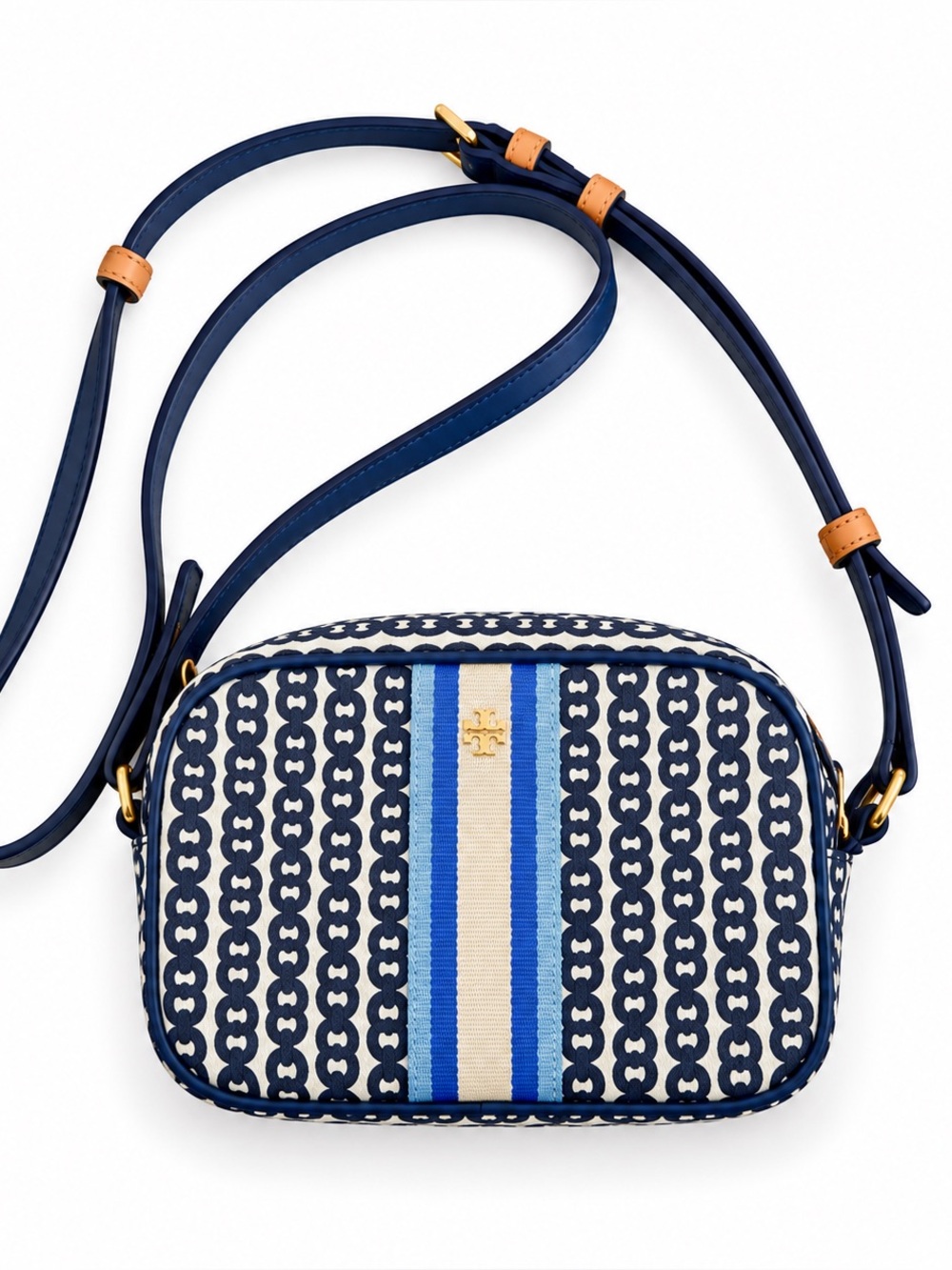 Tory Burch Mini Gemini Link Camera Bag Crossbody Blue Authentic EUC